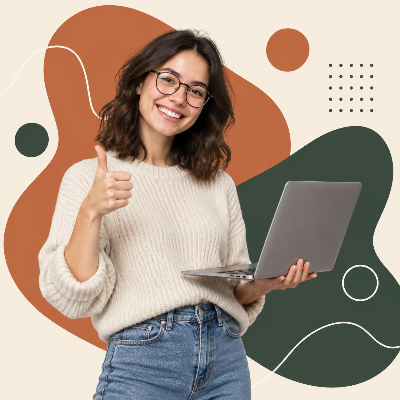 Illustrazione editoriale: persona sorridente con laptop che approva una scelta di acquisto, su forme astratte terracotta e verde